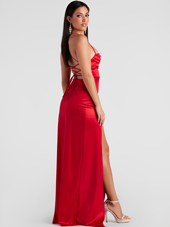 Solara Satin High-Cut Slit Dress in Red | Lavender