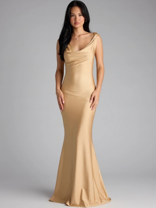 Mirabella Satin Open Back Mermaid Dress in Gold