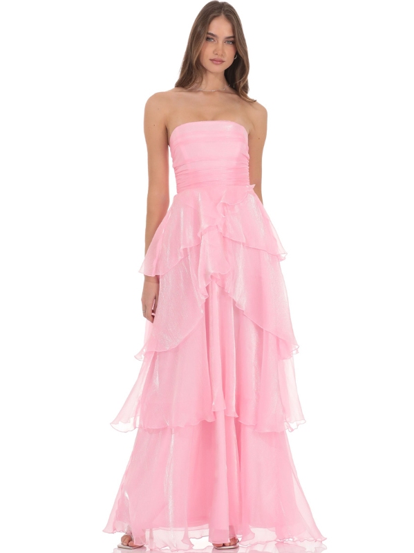 Corset Ruffle Layered Maxi Dress in Pink