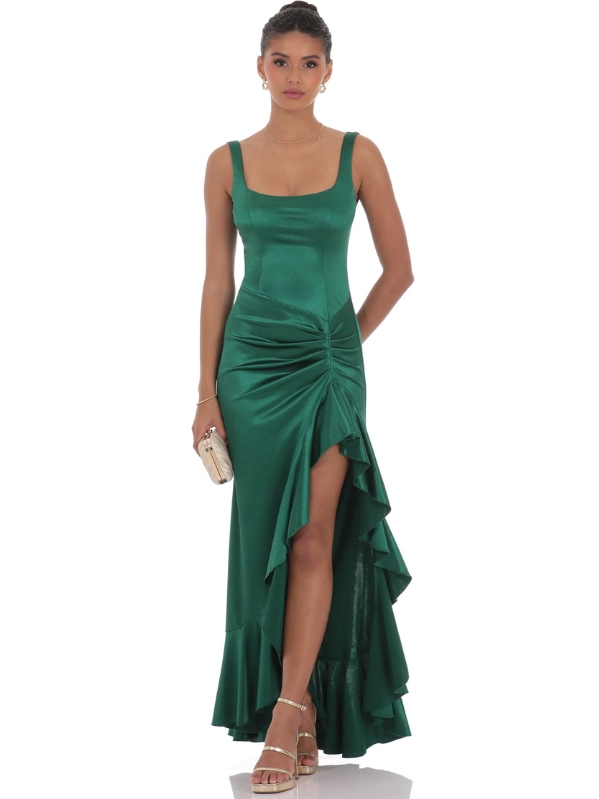 Serena Satin Ruched Ruffle Dress in Green