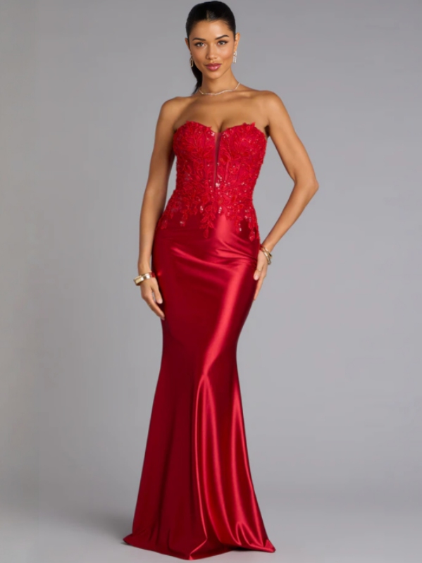 Camille Satin Sequin Lace Corset Mermaid Dress in Red