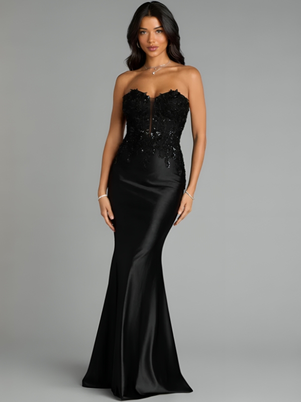 Camille Satin Sequin Lace Corset Mermaid Dress in Black