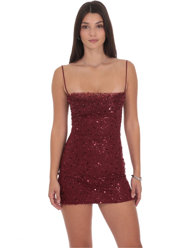 Draped Beaded Sequin Bodycon in Burgundy