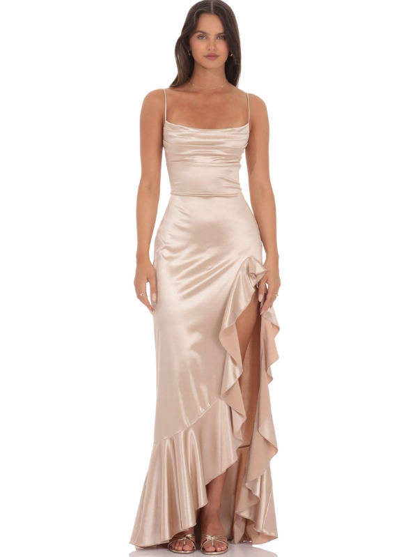 Louisa Satin Ruffle Slit Dress in Champagne