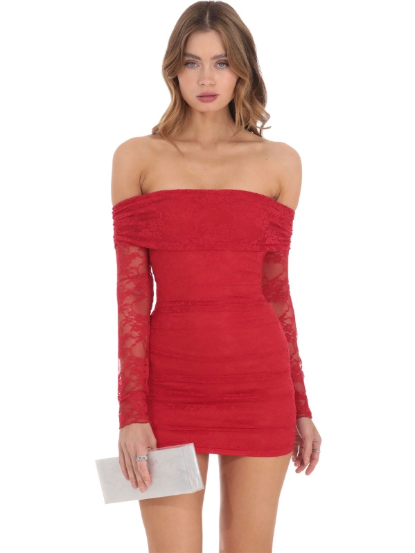 Floral Lace Off Shoulder Bodycon Dress in Red