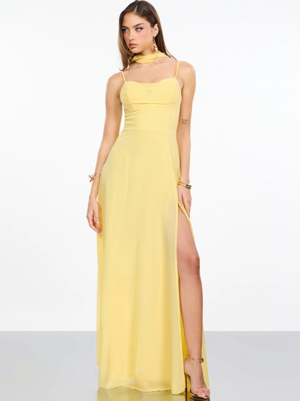 Vesper Scarf Neck Chiffon Dress in Yellow