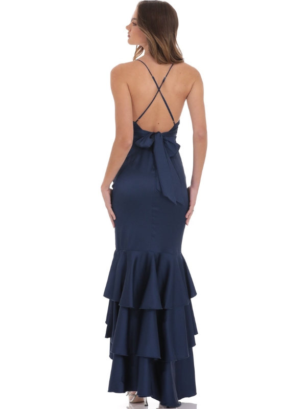 Fishtail Satin Ruffle Maxi Dress in Navy