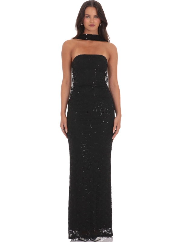 Sequin Scarf Lace Dress in Black