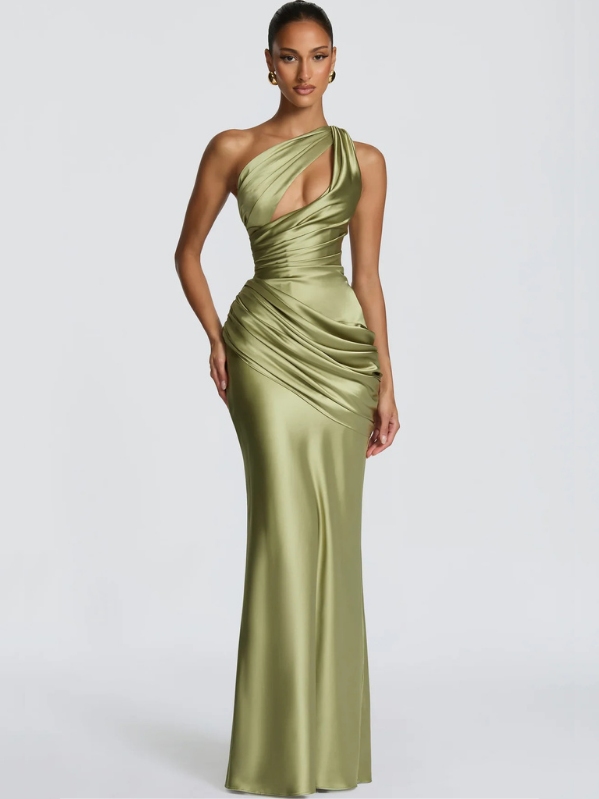 Clarrisa Draped Asymmetrical Satin Maxi Dress in Olive