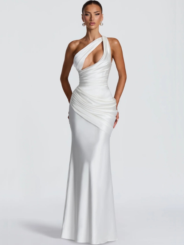 Clarrisa Draped Asymmetrical Satin Maxi Dress in Ivory