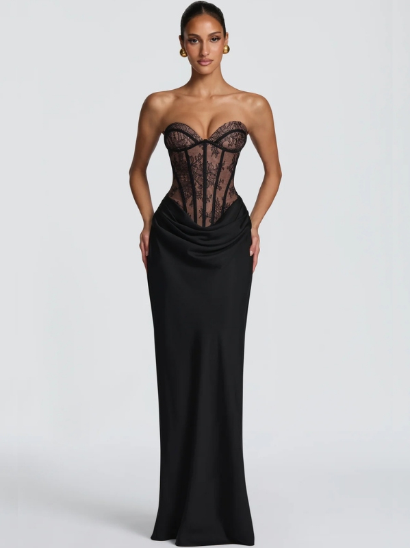 Adelina Floral Lace Corset Satin Dress in Black