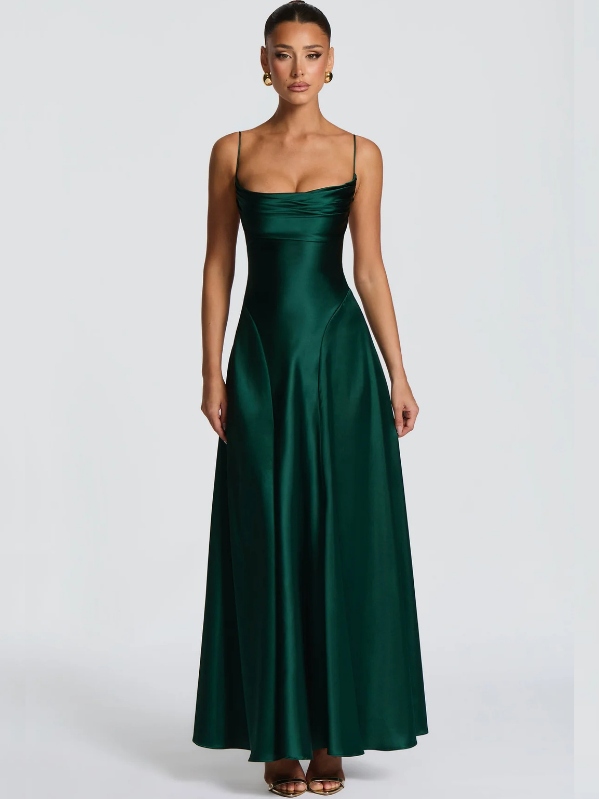 Mirella Satin Open Back Maxi Dress in Emerald