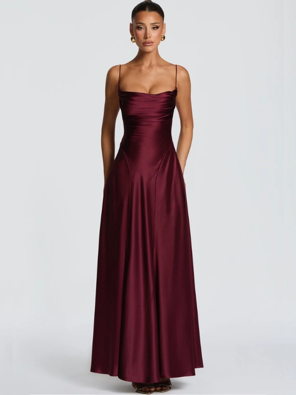 Mirella Satin Open Back Maxi Dress in Cherry Lacquer