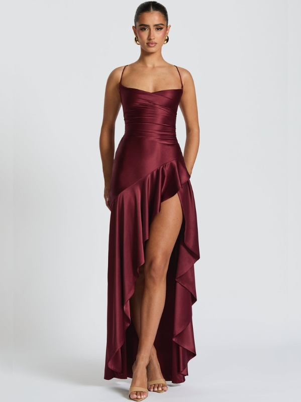 Alessia Satin Ruffle Hem Dress in Cherry Lacquer