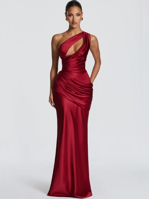 Clarrisa Draped Asymmetrical Satin Maxi Dress in Deep Red