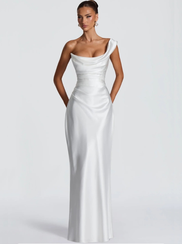 Lucienne Scooped Neck Satin Dress in Ivory