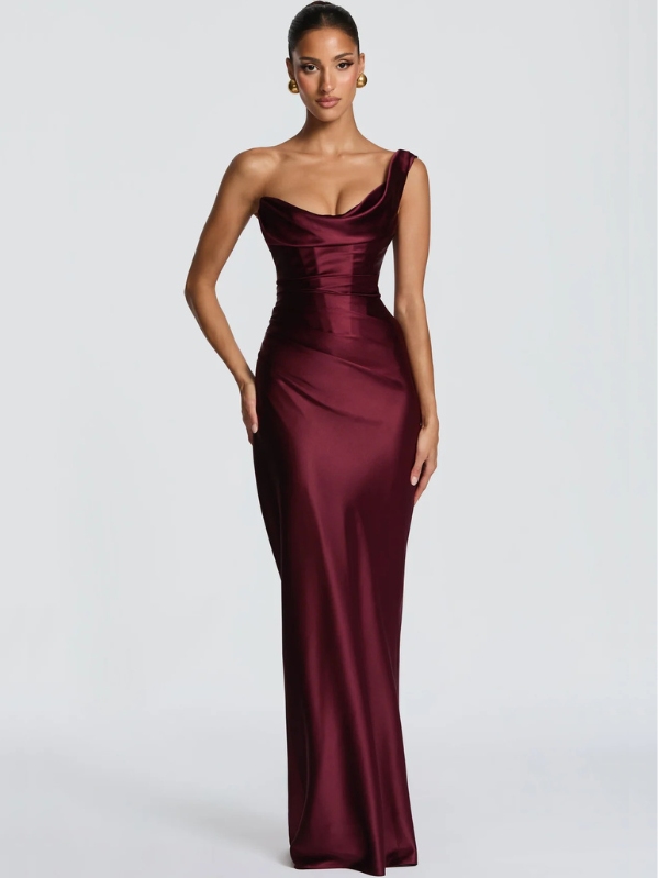 Lucienne Scooped Neck Satin Dress in Cherry Lacquer