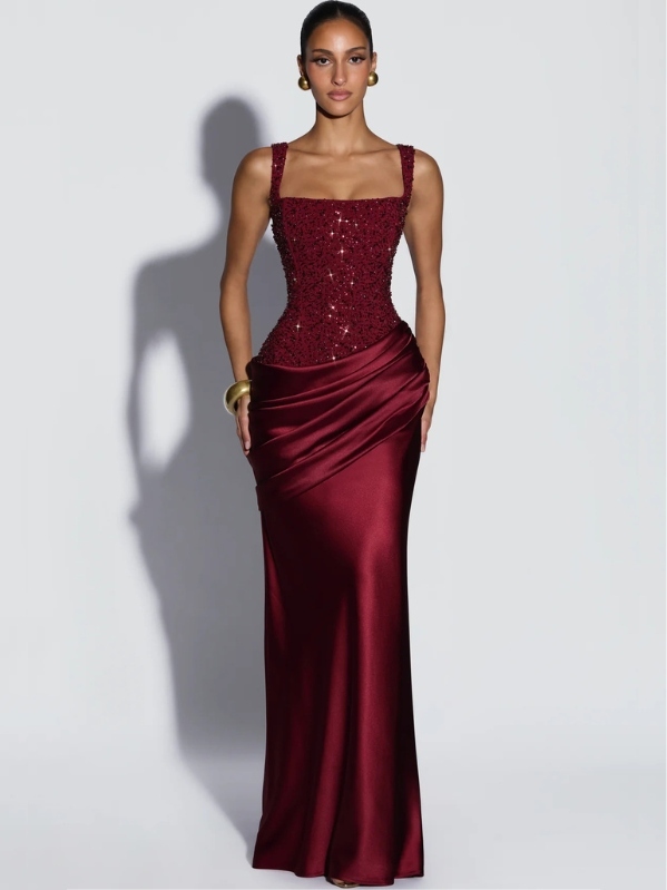 Cecilia Sequin Lace Maxi Dress in Burgundy