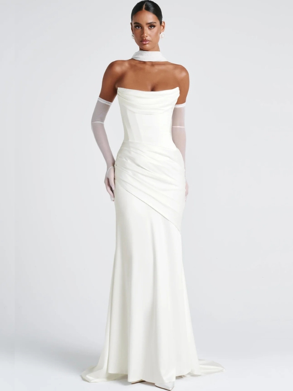 Paloma Satin Maxi Dress with Scarf in Ivory