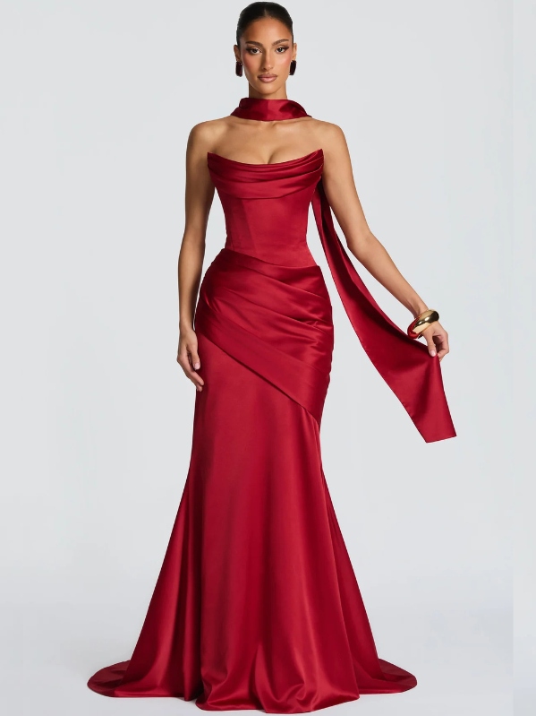 Paloma Satin Maxi Dress with Scarf in Deep Red