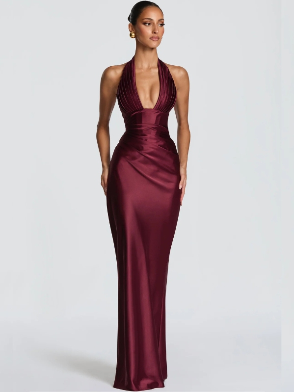 Eliana Halter Neck Maxi Dress in Cherry Lacquer