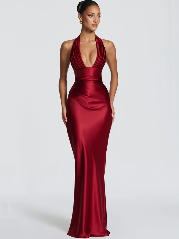 Eliana Halter Neck Maxi Dress in Deep Red