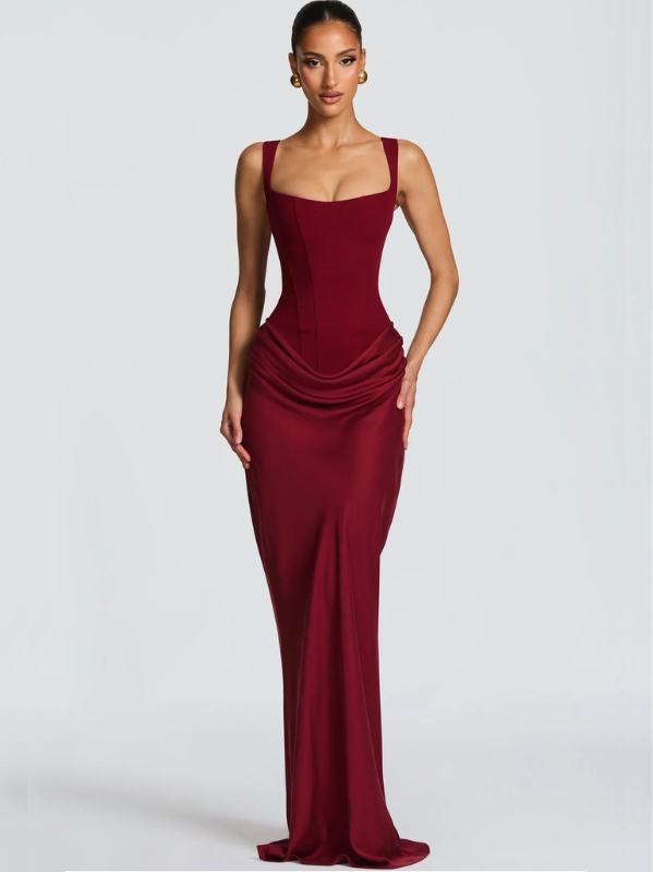 Martina Waist Flows Corset Maxi Dress in Maroon