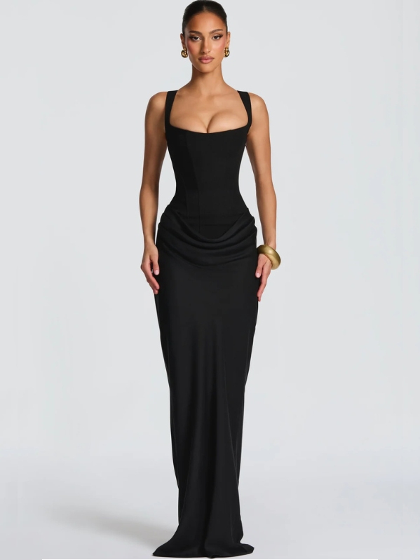 Martina Waist Flows Corset Maxi Dress in Black