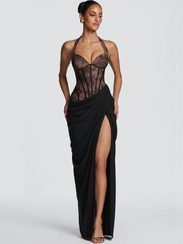 Ginevra Floral Lace Maxi Dress in Black