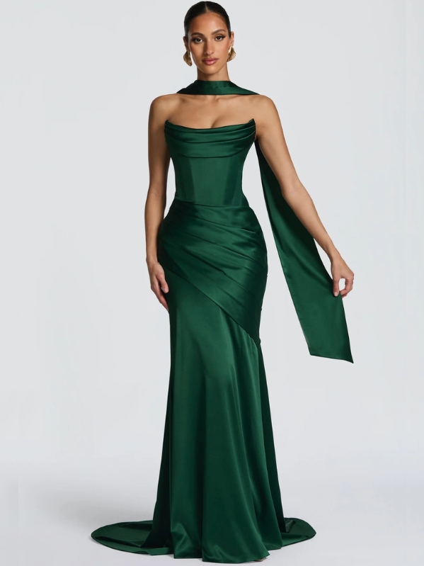 Paloma Satin Maxi Dress with Scarf in Emerald