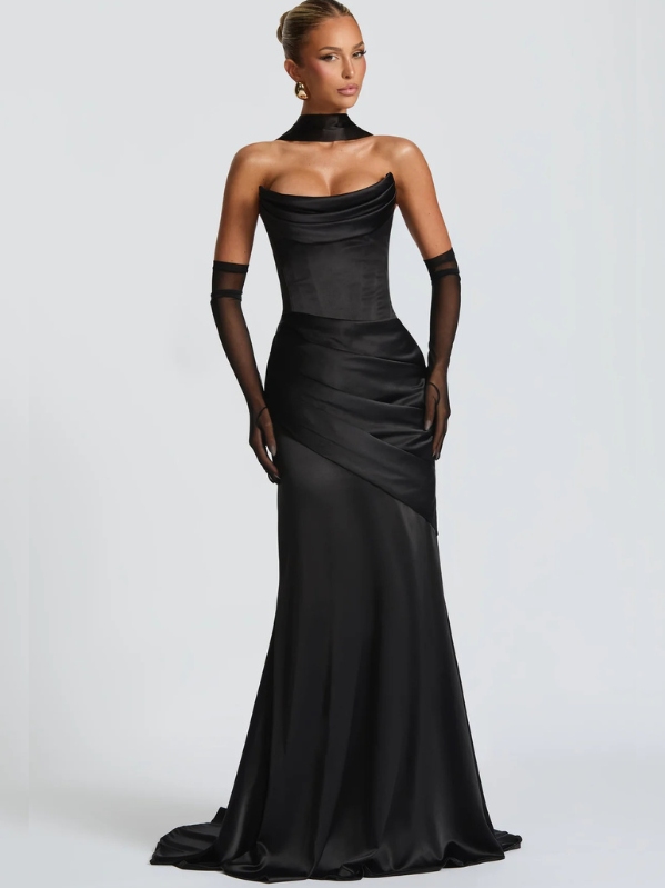 Paloma Satin Maxi Dress with Scarf in Black