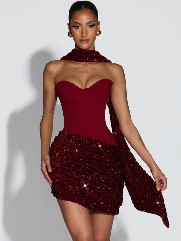 Milana Sequin Corset Bodycon Dress in Wine